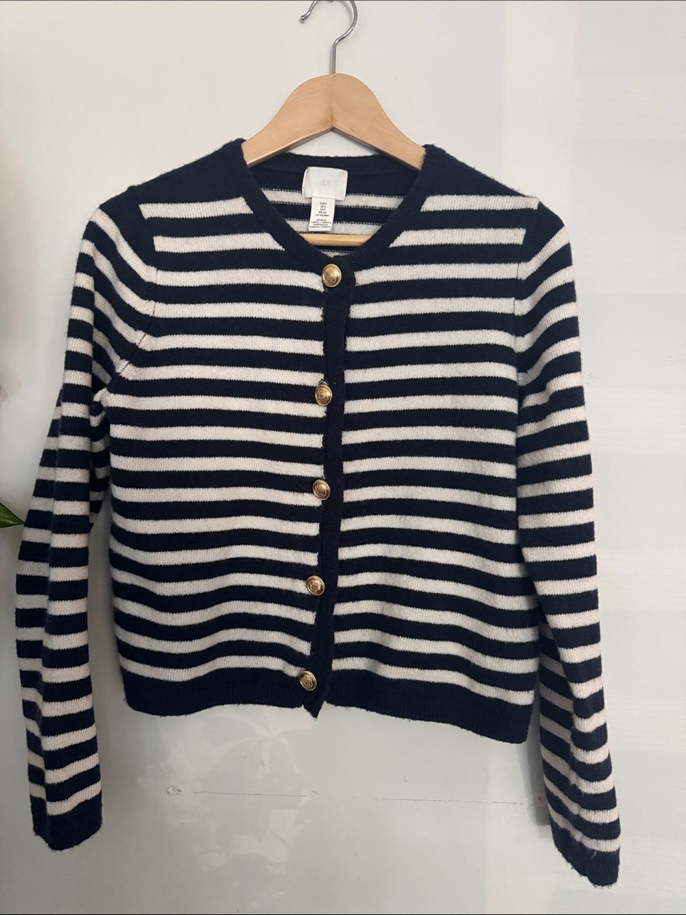 H&M Navy and White Striped Button-Front Cardigan with Gold Buttons